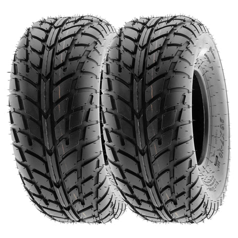 Versatile All Terrain ATV UTV Tire Set Of 2 6 Ply Tubeless A021 14570-6 On 6 Inch Rims front view with grippy tread pattern.