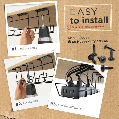 Under Desk Cable Management Tray Set Of Two In Black Heavy Duty Steel Cable Organizer installation steps and screws