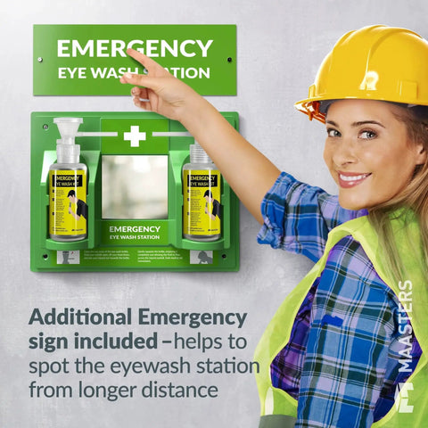 Worker pointing at Portable BPA Free Eye Wash Station OSHA Compliant Wall Mounted First Aid Kit With Mirror And Two 16 Ounce Empty Bottles