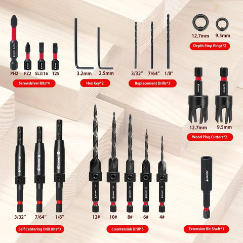 22 Piece Countersink Drill Bit Set For Wood With Self Centering Bits Pro Grade Wood Plug Cutters And Screwdriver Bits Magnetic Extension Bit Holder One Quarter Inch Hex Shank In Durable Storage Box components displayed on wooden background.