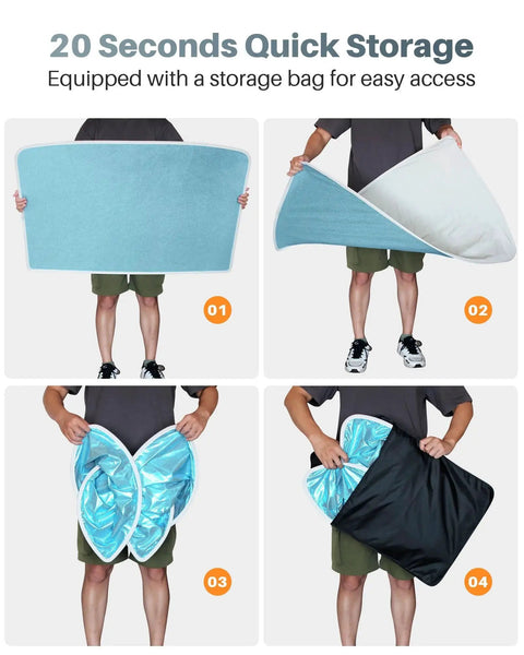Model Y Upgraded Magnetic Sunshade Ice Silver Nano Coating 2 Piece Set Blue folded demonstration with storage bag.