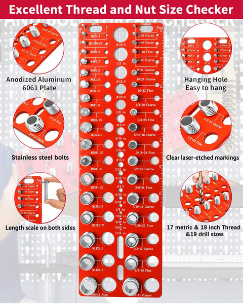 Pro Grade Thread Checker For Bolts And Nuts identifies sizes on anodized aluminum plate with clear etchings.