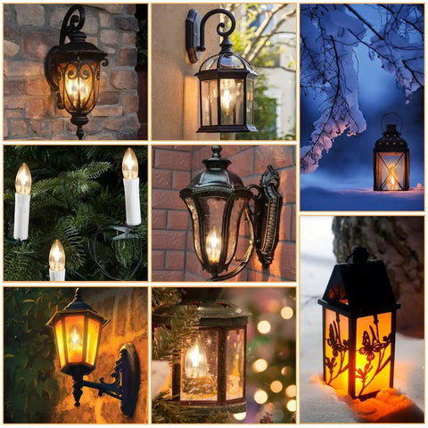 Collage of outdoor lanterns and hanging lights showcasing Flicker Flame E12 Base Candelabra Bulbs C35 Flame Tip Crystal Clear Glass
