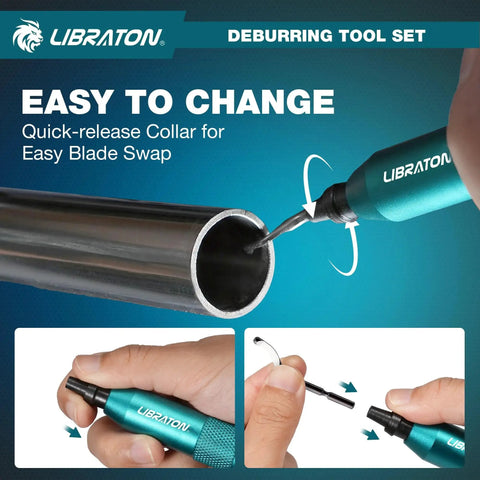 Deburring Tool Kit With 360 Degree Swivel Handle Includes One Detachable Metal Deburring Tool Two Precision Countersink Reamers And Ten Replacement HSS Blades For Metal Wood Plastic PVC Resin Copper 3D Printing Chamfering And Edge Deburring shown in use on a metal tube.