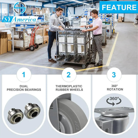 Warehouse scene with two men using carts featuring four inch non marking thermo rubber caster wheels set of four swivel industrial grade casters.