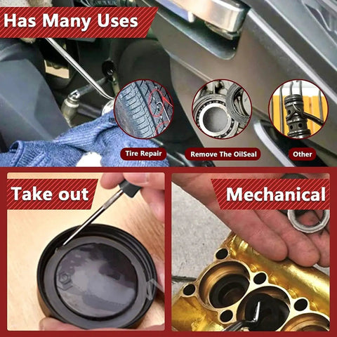 4 Piece Automotive Pick Tool Set For Oil Seal And Gasket Removal shown in use for tire repair and engine maintenance.