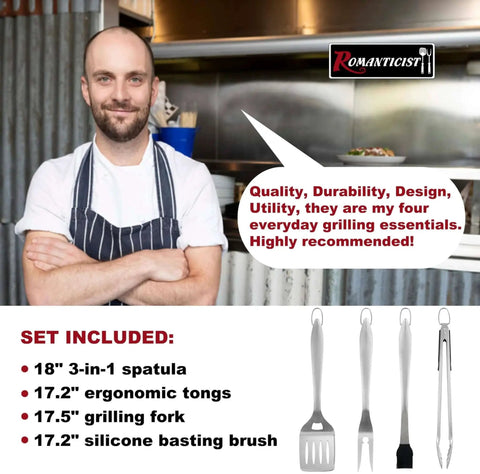 Elite 4Pc Heavy Duty Grill Tools Set For Top Chefs ROMANTICIST Spatula Fork Tongs And Basting Brush shown with a chef.