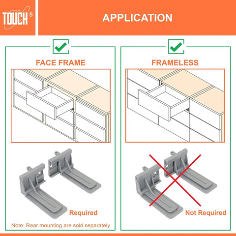 Application diagram with rear mounting brackets for undermount drawer slides in face frame cabinets, not required for frameless.