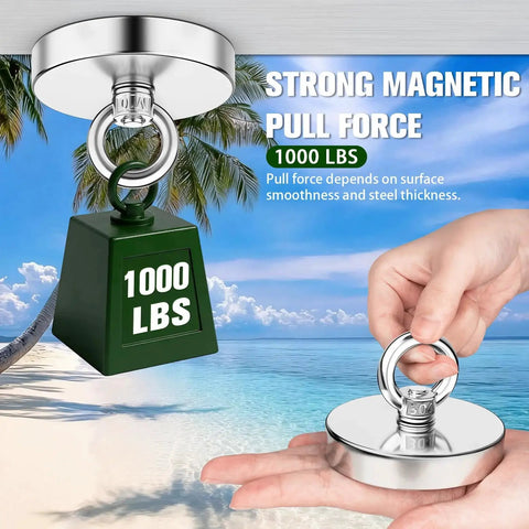 1000 Lb Neodymium Fishing Magnet With Countersunk Eyebolt shown with weight demonstration on beach background