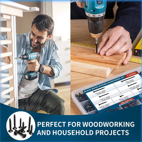 Wood Screws Assortment Kit, 190 High Hardness Pro Grade Drywall Screws With Phillips Drive Flat Head, black coated