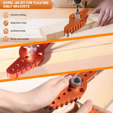 Pro Grade Dowel Jig Kit for Floating Shelves and Hidden Brackets with One Half Inch Drill Bit and Self Centering Scriber in orange