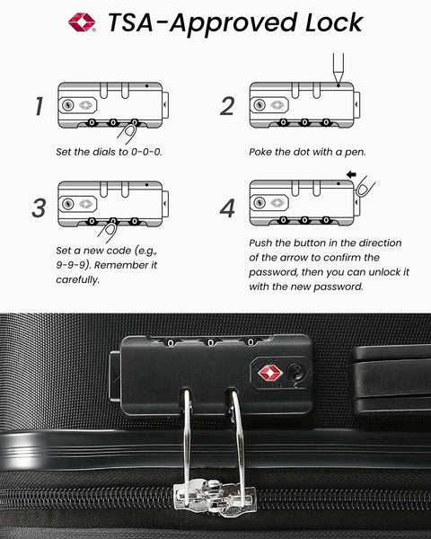 Instructional diagram for TSA-approved lock on Three Piece Luggage Set Expandable Hardside Suitcases With TSA Lock And Silent Spinner Wheels Lightweight Black Travel Set For International Trips 20 Inch 24 Inch 28 Inch Sizes Large Capacity Smooth Rolling Durable Polycarbonate Shell.