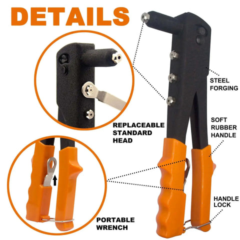 Close-up of Workhorse hand riveter from 225 Piece Black Aluminum Blind Rivets Assortment Kit showing steel forging and rubber handle features