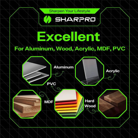 Diagram showing suitable materials for the Pro Grade Compression Flush Trim Router Bit, including aluminum, wood, acrylic, MDF, and PVC.
