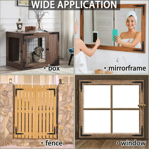 Rustic Barn Door Corner Brackets Set 4.9 In Matte Black L Shape Sliding Door Hardware shown on mirror frame, window, fence, and box.
