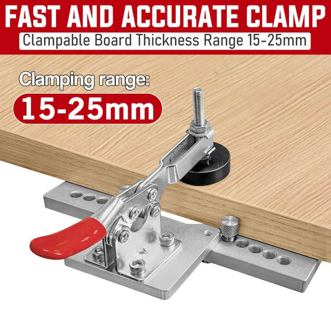 35mm Concealed Door Hinge Jig For Cabinets With Quick Clamp on wood, showing 15-25mm clamping range, metal construction.