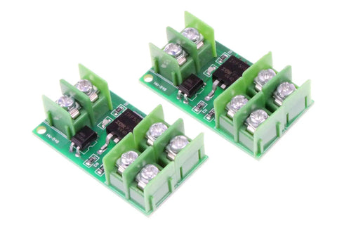Isolated MOSFET Switch Module Pack Of 2 With High Low Level Trigger For DC Control showing green circuit boards with terminal blocks