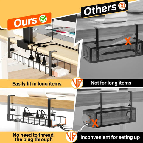 2 Pack Under Desk Cable Management Tray With Upgraded Clamp No Drill Wire Organizer shown with easy fit and convenient setup features