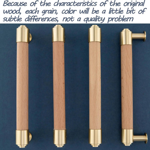 Modern Mid Century Brass And Wood Cabinet Pulls 3 Inch Center to Center Four Pack T Bar Design on blue surface