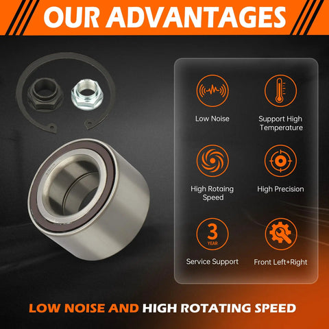 Front Wheel Bearing Kit 510089 For Honda Civic 2006 To 2020 And Acura ILX 2013 To 2014 Two Pack Front Left Or Right Bearing Replacement Heavy Duty Durable And Easy Install shown with advantages graphics