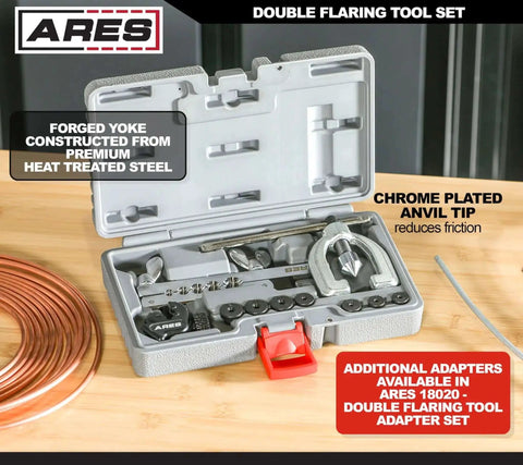 Heavy Duty Double Flaring Tool Set With Extra Adapters For Copper Aluminum Soft Steel Brake Lines And Brass Tubing Comes With Mini Tubing Cutter And Case Quarter Inch Five Sixteenths Inch Half Inch Three Sixteenths Inch And Three Eighths Inch Adapters in open case on table