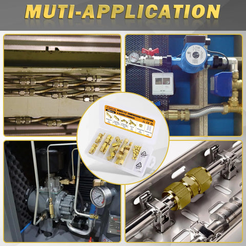 Brass compression fittings kit, 38 pcs, includes 1/4 in OD fittings, union tee, 1/4 in NPT, 90deg elbow with ferrules