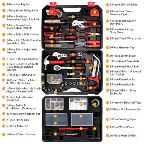 325 Piece Home Repair Tool Set With Drawer Toolbox Storage Case, tools organized in black storage case with labeled compartments