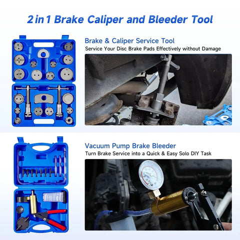 Orion Motor Tech 2-in-1 brake caliper and bleeder kit in blue case with 18 adapters; includes handheld vacuum pump bleeder.