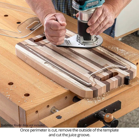 Two In One Cutting Board Template With Juice Groove, Laser Cut Acrylic Router Template in use on a wooden board.