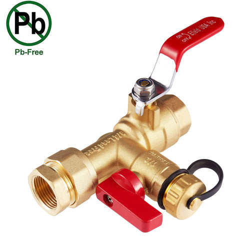 Brass 3/4 in IPS tankless water heater service valve kit with red lever and pressure relief valve, Pb-free.