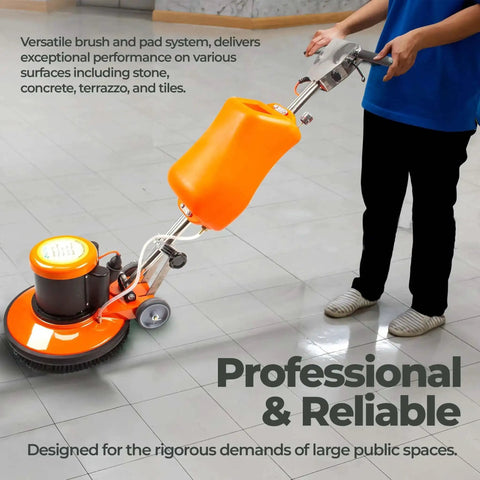 Person operating 17 Inch Commercial Floor Buffer Scrubber Polisher Machine with 2.0 HP Motor, 175 RPM, 3.4 Gallon Tank on tile floor