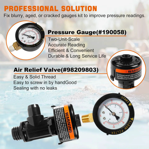 Manual air relief valve assembly with pool filter pressure gauge, compatible with Pentair air relief valves