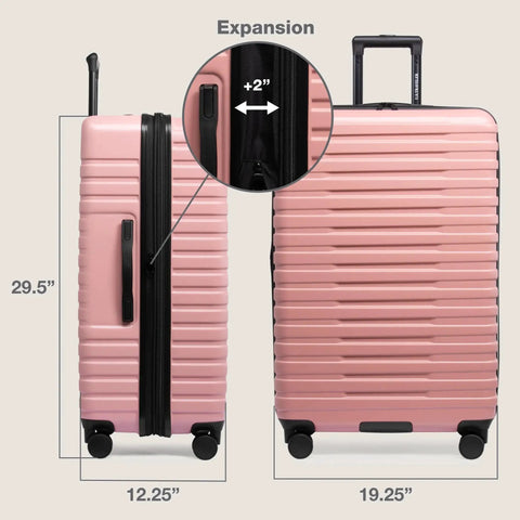 Expandable Hardside Travel Luggage With 8 Spinner Wheels Waterproof Rugged Case Rose Pink 30 Inch Large Checked Suitcase side view