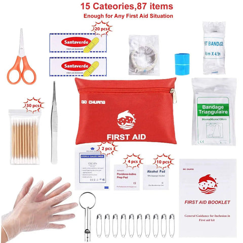Compact 87 Piece Travel First Aid Kit for Home, Car, Camping, Outdoors, featuring red nylon case, scissors, bandages, tweezers, and more.
