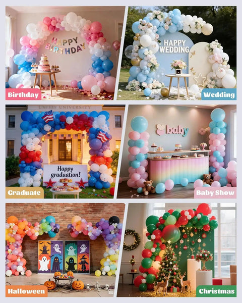 Six In One Balloon Arch Stand Kit With 10.8ft Adjustable Columns Party Backdrop, shown in various themes like birthday and wedding.