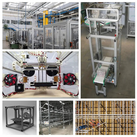 Industrial setup using Six Pack 4040 Inside Corner Brackets Gusset For Aluminum Extrusion Silver L Shaped Connectors With 8mm Slot