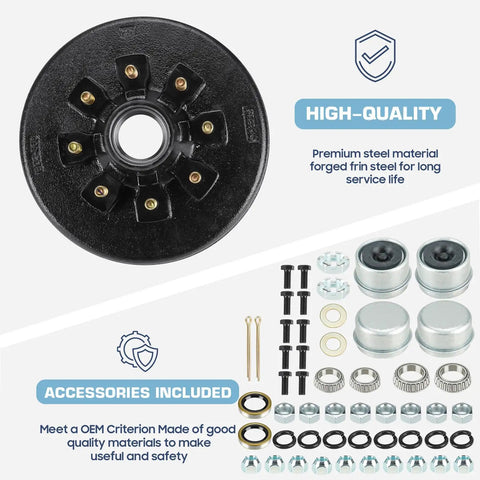 Front view of black 8-bolt brake drum hub for trailer electric brake kit with 6.5-inch bolt circle and included hardware