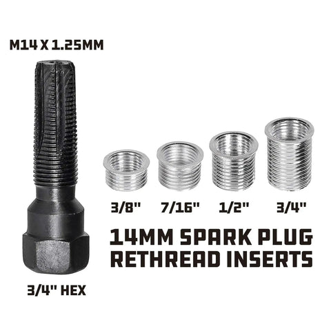 14mm Spark Plug Thread Repair Kit For Aluminum Cylinder Heads With Rethread Tap And Four Inserts labeled by size