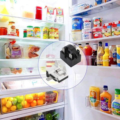 3 Pin 125W Refrigerator Start Relay And Thermal Overload Protector displayed in front of a stocked fridge interior