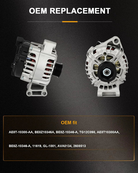 OEM replacement alternator for Ford Fiesta 2011-2019, side and front view, 120A 12V, plug-and-play, reliable battery charging