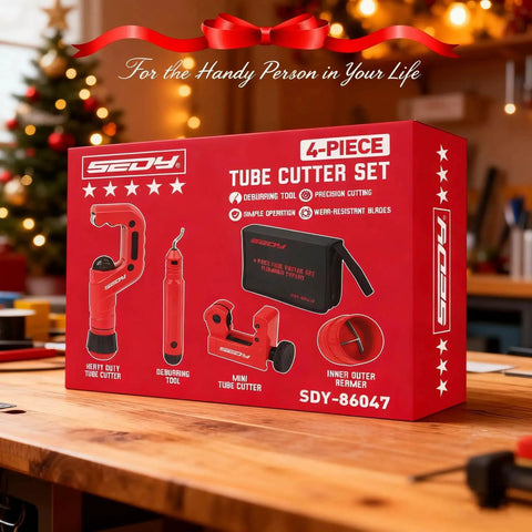 Heavy Duty Tube Cutter Set With Six Bearing System And Deburring Tool For Copper, Aluminum, And PVC Pipes 3/16 To 2 Inch OD Cutter Mini 1/8 To 7/8 Inch Tube Cutter Precision Cutting For Pros boxed set on table.