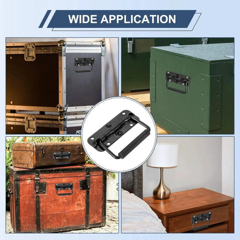 Folding Heavy Duty Toolbox Handle Set Spring Loaded With Rubber Surface installed on storage boxes and tool chests, black 2-pack showcased.