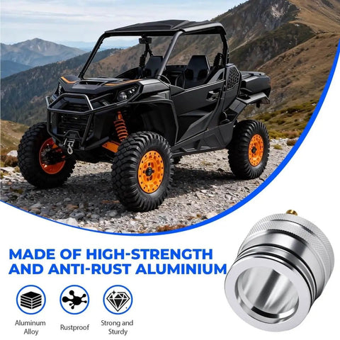 44Mm Wheel Bearing Grease Tool For Polaris RZR And Sportsman Models, Front And Rear Bearing Lubrication Tool That Lets You Grease Bearings Without Dropping The Axle, Quick Maintenance And Easy Service, shown next to an off-road vehicle.