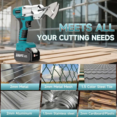 Beast Mode Cordless Sheet Metal Cutter displayed with examples of materials like metal and cardboard, showcasing versatility in cutting.