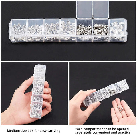 260 Pcs Tibetan Spacer Beads Set 7 Styles Antique Silver Column Tube Metal Spacers in container for DIY jewelry projects