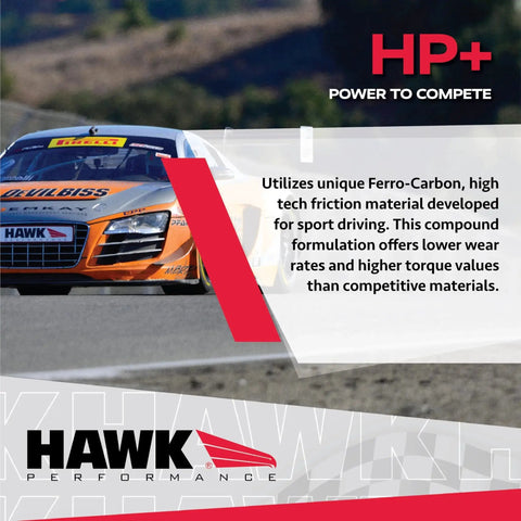 Brake pads Hawk Performance HB180N.560 HP Plus crossover street/motorsport, banner with orange race car and HP+ logo