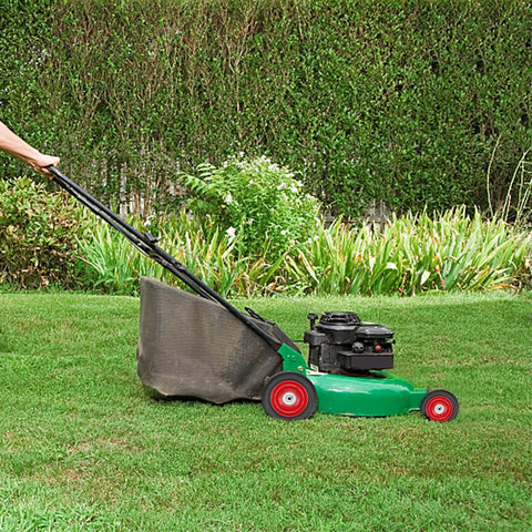 Person mowing lawn with green push mower in garden setting