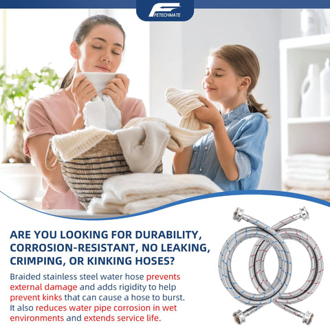 Braided stainless steel washing machine hoses, 4 ft, 3/4 in NPT, red and blue, 2-pack by Fetechmate
