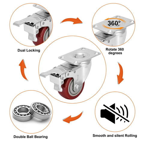 3 Inch Heavy Duty Casters Load 1500 Lbs Lockable Bearing Caster Wheels With Brakes Swivel 360 Degree Turn For Furniture