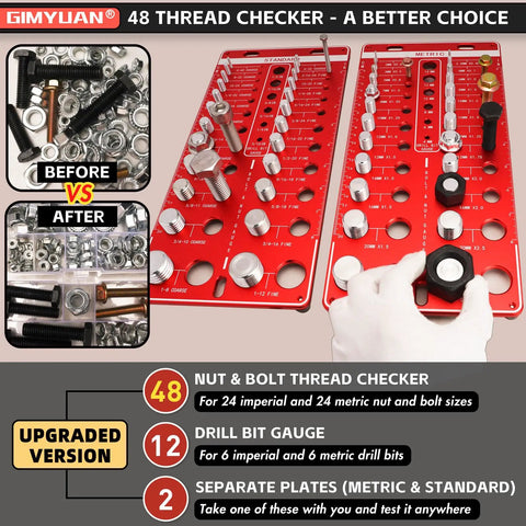 48 Thread Checker For Imperial And Metric Threads With 24 Standard And 24 Metric Sizes And 12 Drill Bit Gauge Pro, Bolt Nut Thread Identifier Board And Screw Measurement Tool Red By GIMYUAN displayed with nuts and bolts.
